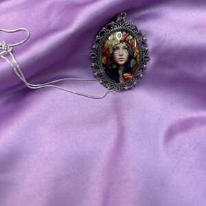 Artistic Floral Portrait Silver-Tone Pendant Necklace in Purple